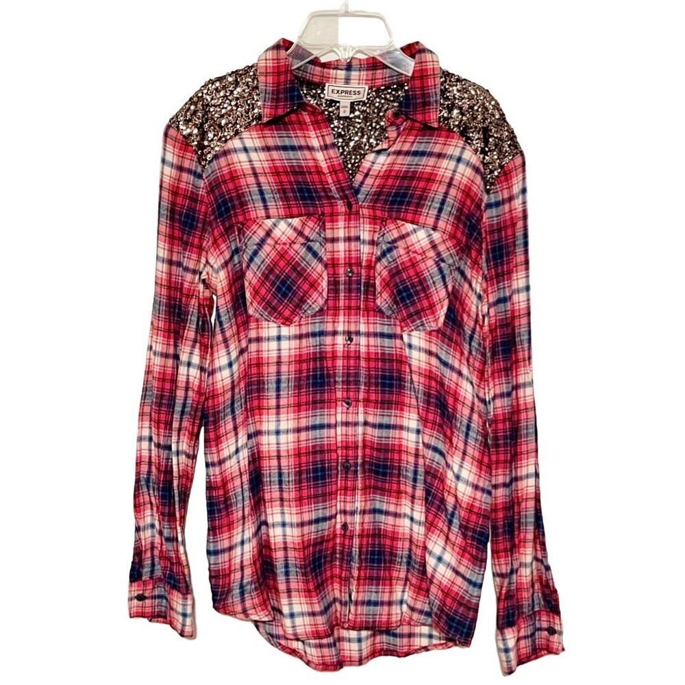 Express Top Boyfriend Womens Small Plaid Sequin Long Sleeve Blouse Button Up
